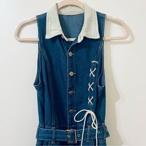 Retro denim romper with white collar and belt